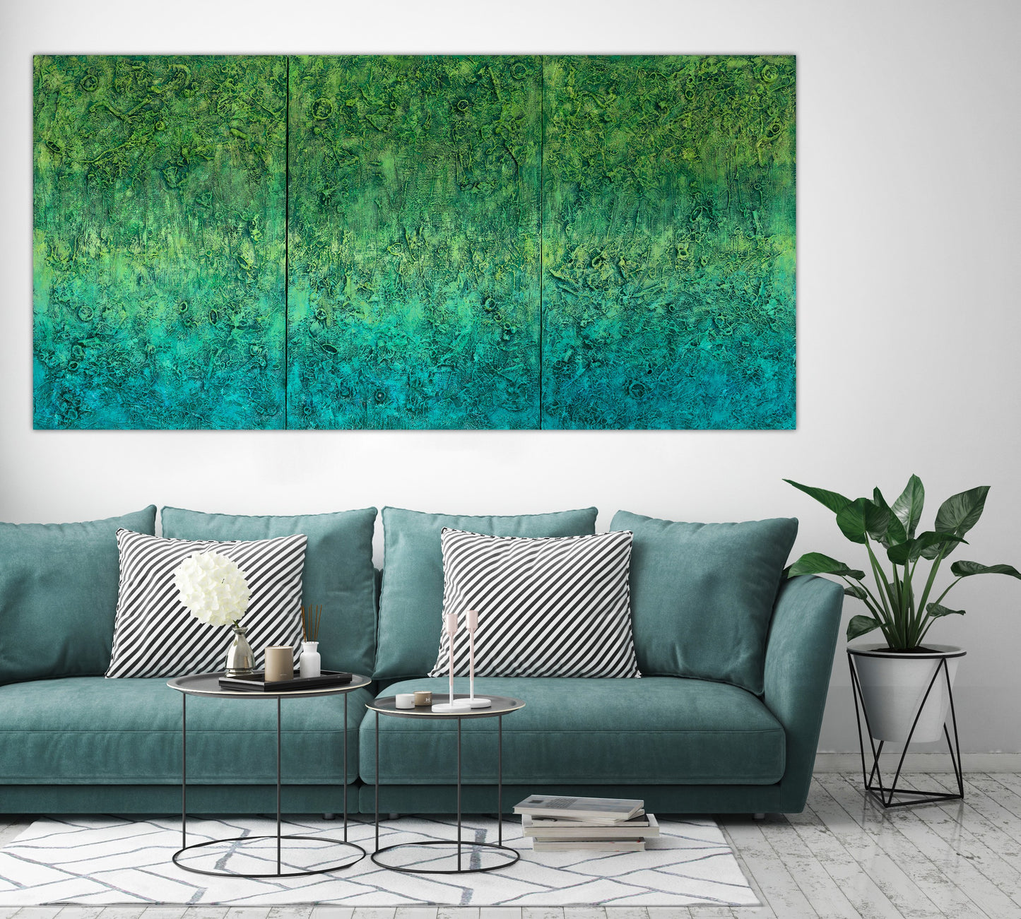 The Grounding’ abstract art by Pamela Rys displayed in a modern living room, blending green tones and energy to create balance and pranic healing.