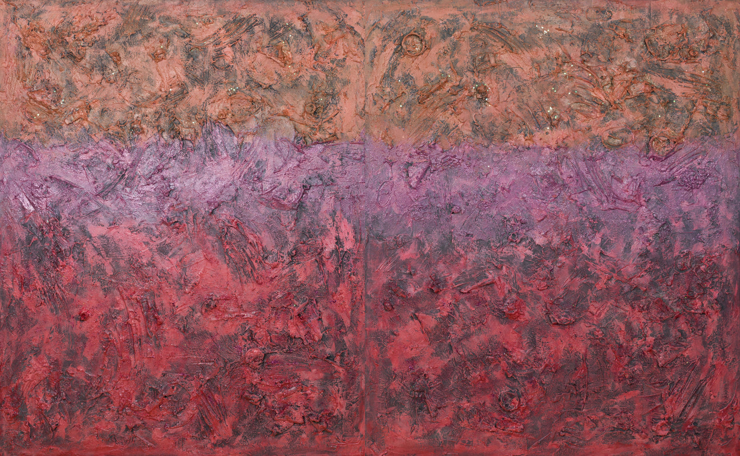 Galaxy of Dreams’ abstract art by Pamela Rys, a textured diptych with sculptural layers and pranic healing energy.