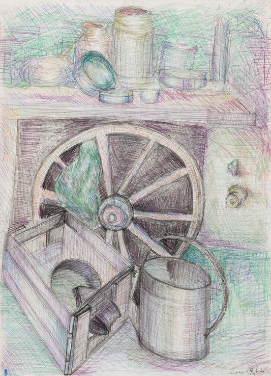 Still Life with a Wooden Wheel  : 38" x 28" - 97 x 70 cm