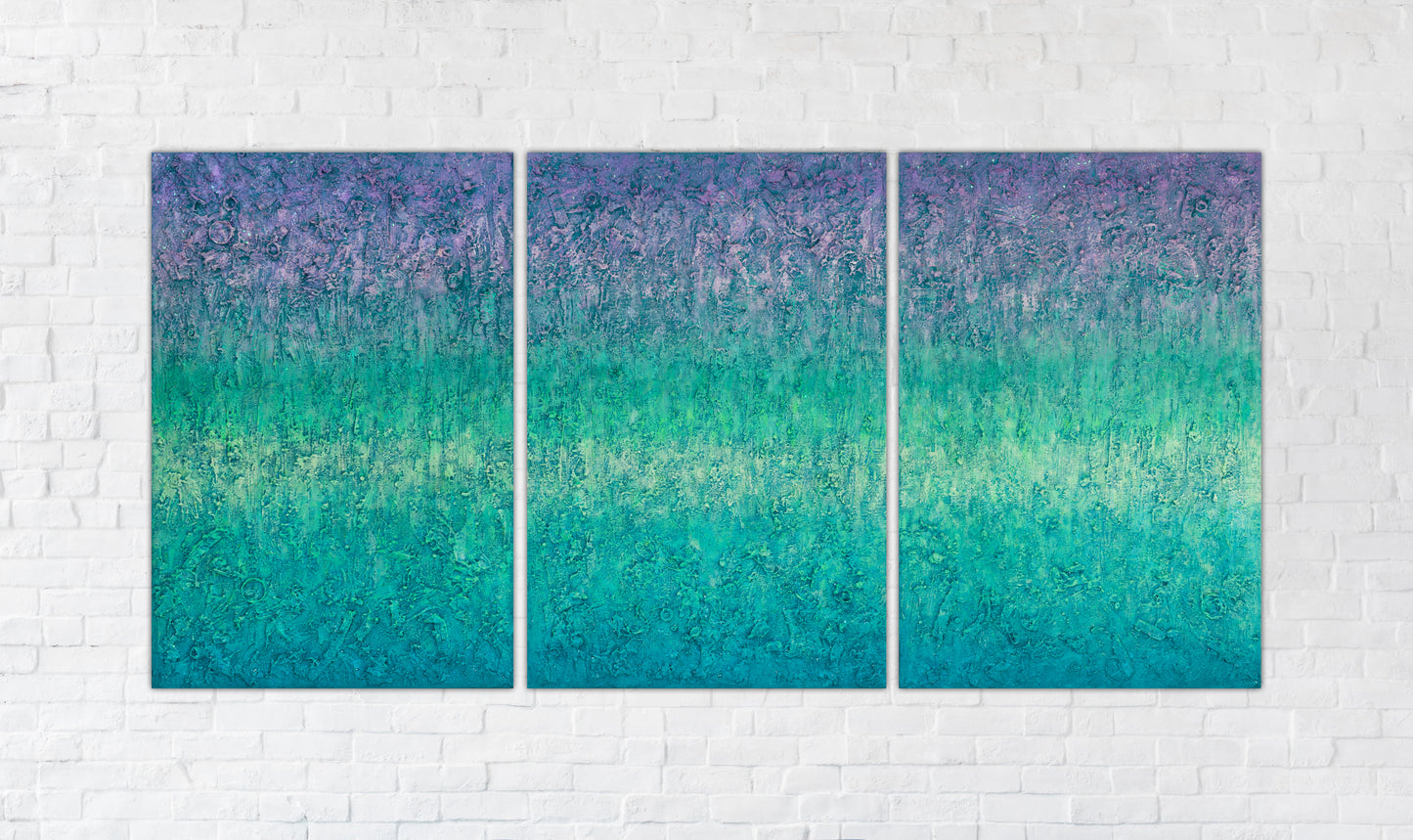 Life Energy abstract triptych displayed on white stone background – Contemporary Healing Artwork – Pamela Rys