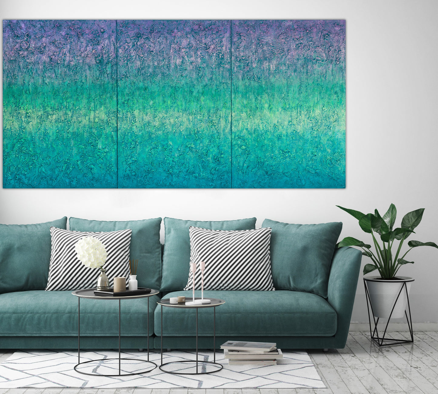 Large colourful triptych artwork decorating contemporary interior Life Energy by Pamela Rys