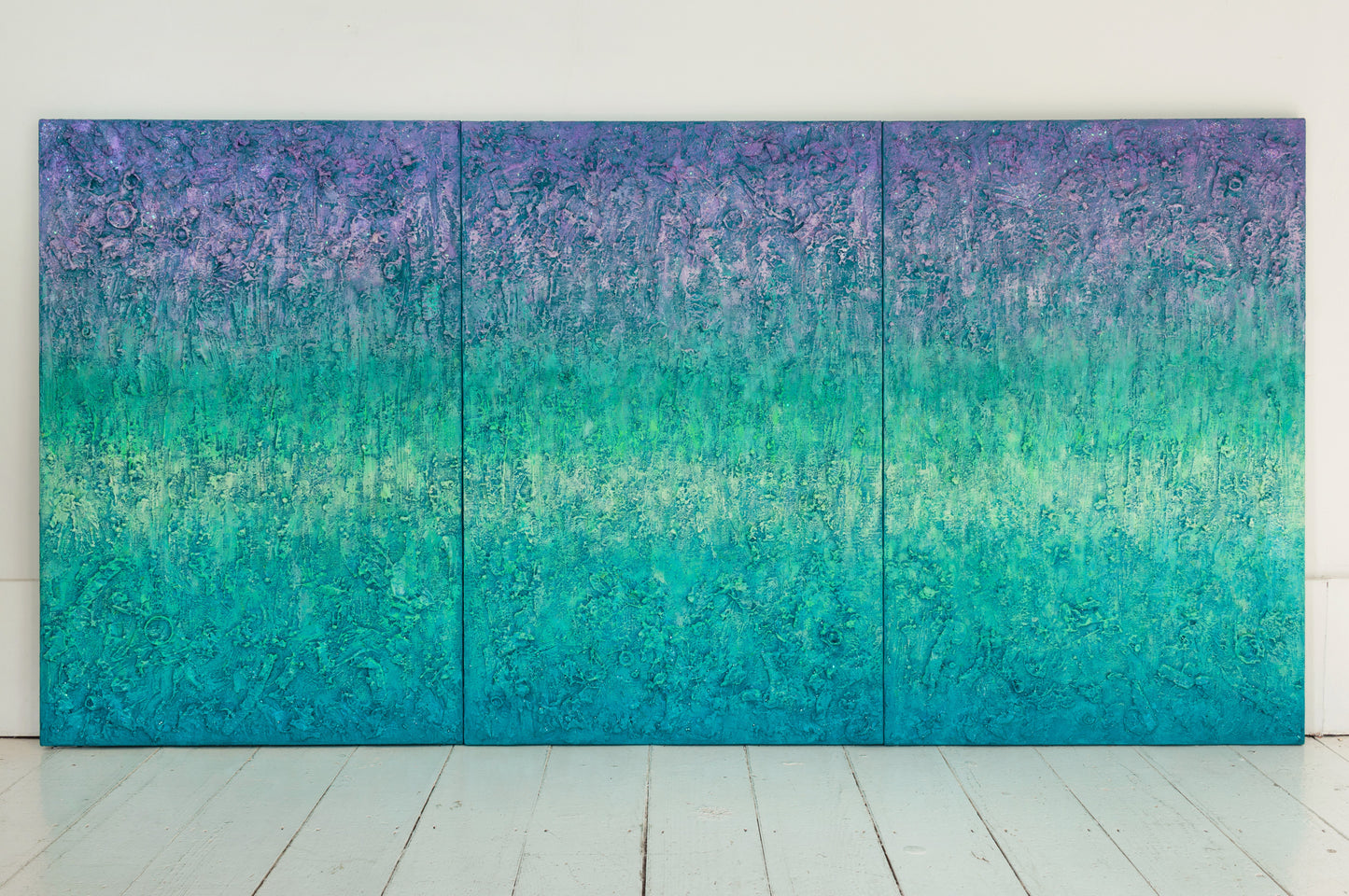 Life Energy triptych artwork photographed in artist studio abstract healing art by Pamela Rys