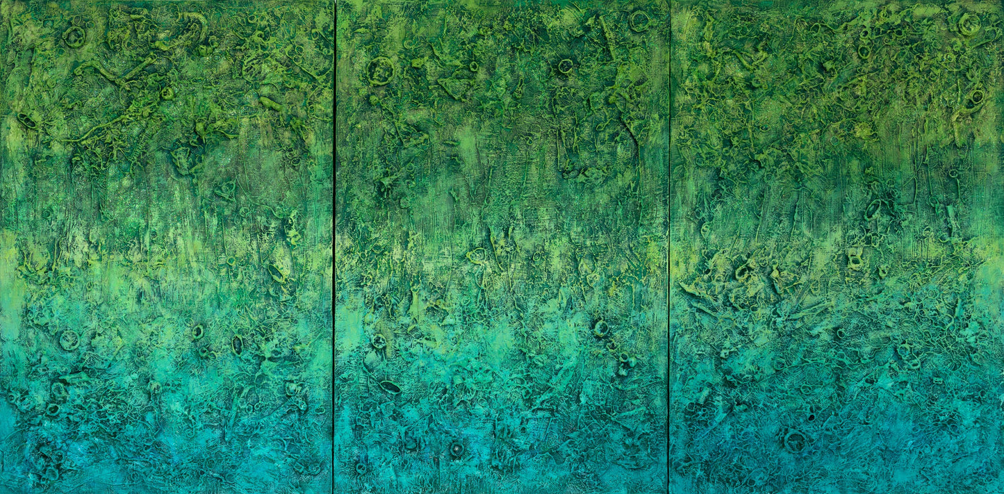 The Grounding’ abstract art by Pamela Rys, featuring a unique green gradient and pranic healing energy. A vibrant, textured painting on high-quality linen.