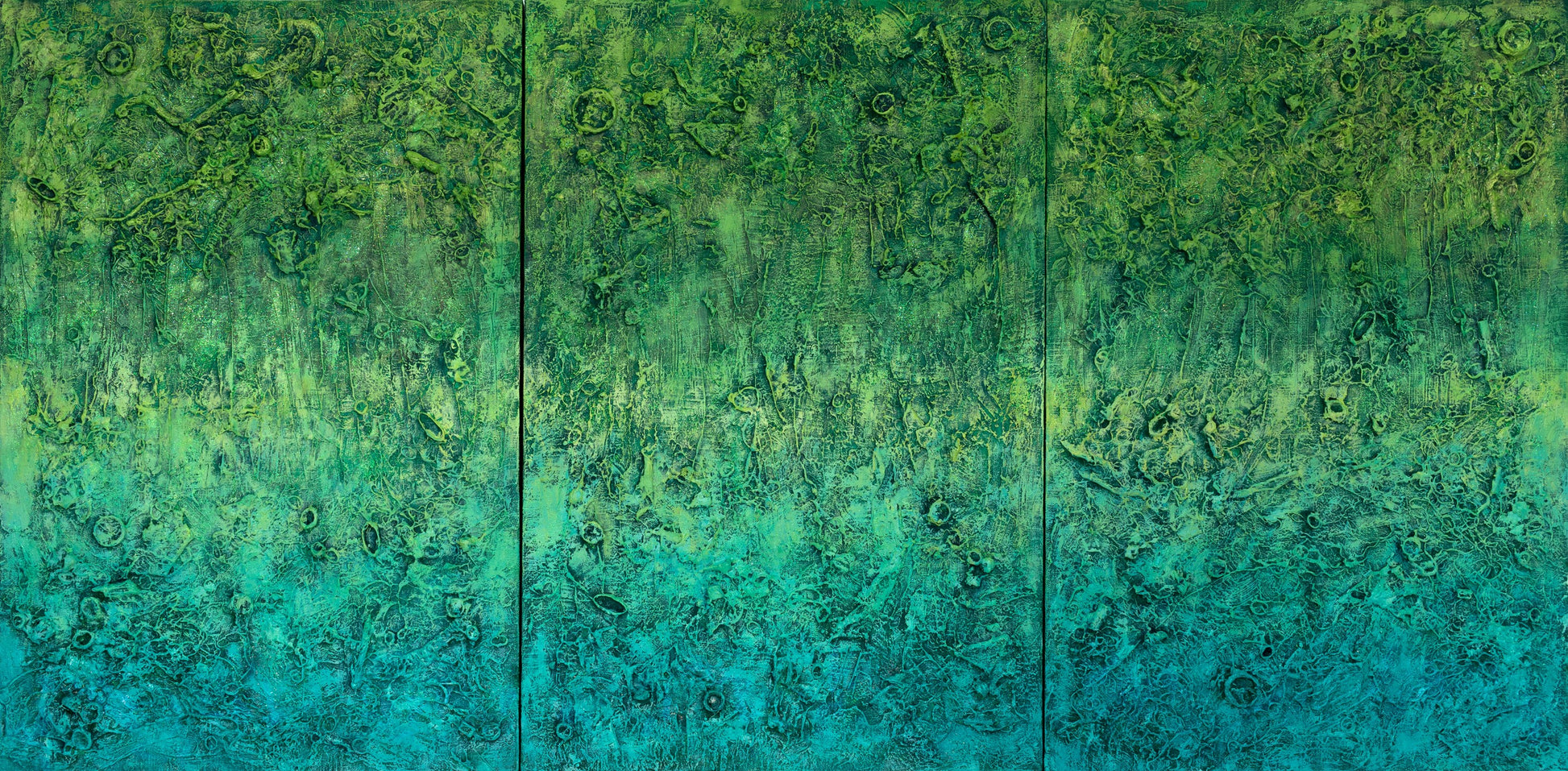 The Grounding’ abstract art by Pamela Rys, featuring a unique green gradient and pranic healing energy. A vibrant, textured painting on high-quality linen.