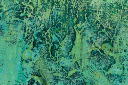 Detailed close-up of glitter and objects in ‘The Grounding,’ an abstract painting by Pamela Rys, enhancing the texture and energy of the artwork with pranic healing.