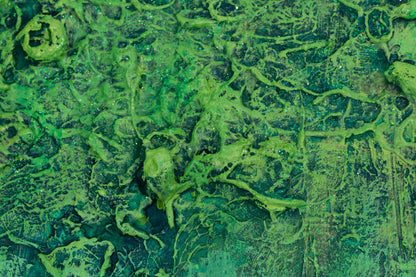 Close-up of ‘The Grounding’ showing the gradient of green tones in this abstract painting by Pamela Rys, representing grounding energy and pranic healing.