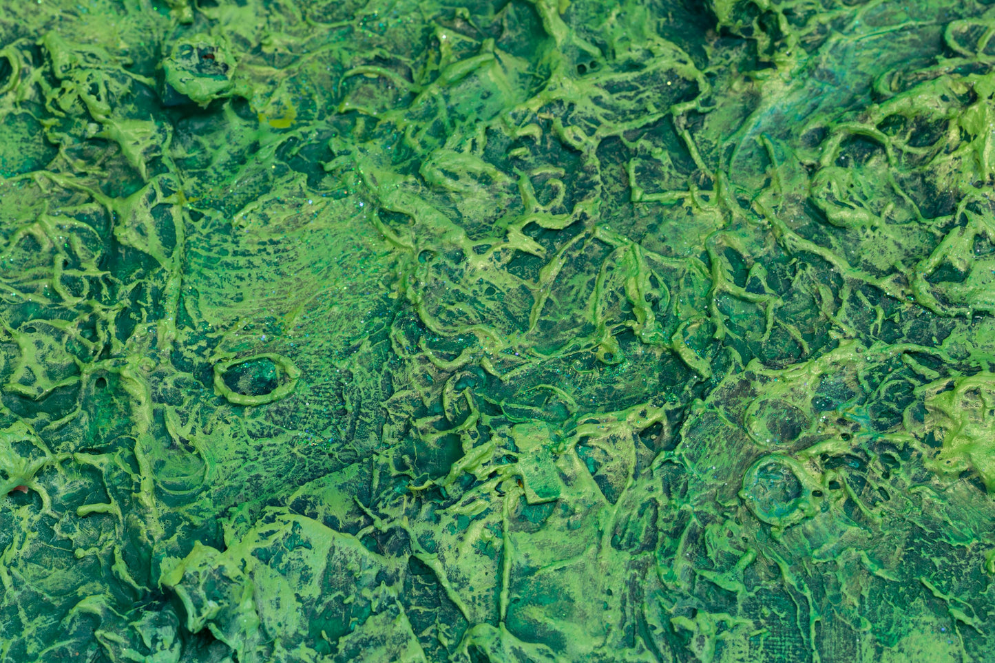 Close-up showing the green gradient in ‘The Grounding,’ a painting by Pamela Rys, emphasizing the dynamic flow of energy and pranic healing.