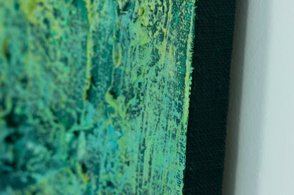 Side view of ‘The Grounding’ abstract art by Pamela Rys, showing the painted edges and texture, ready to display without a frame.