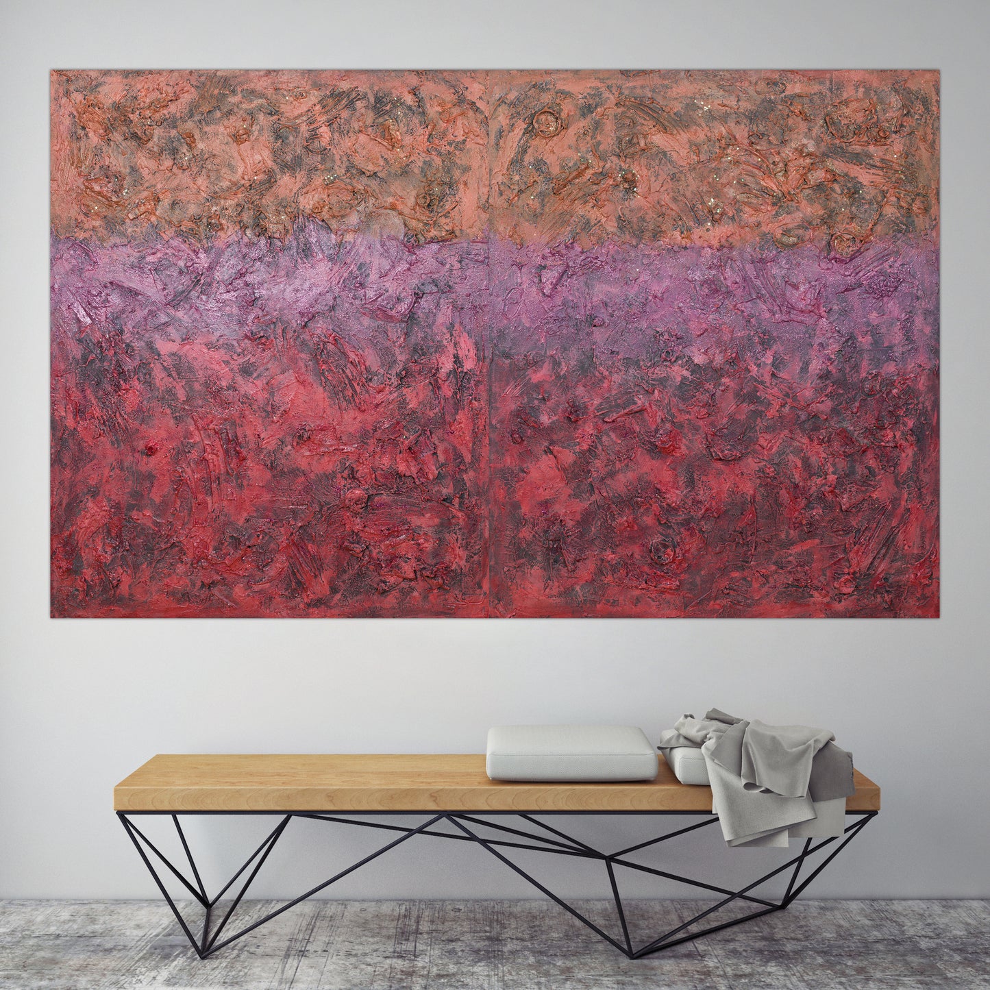 ‘Galaxy of Dreams’ showcased in a contemporary gallery, highlighting the power of abstract art and pranic healing by Pamela Rys.
