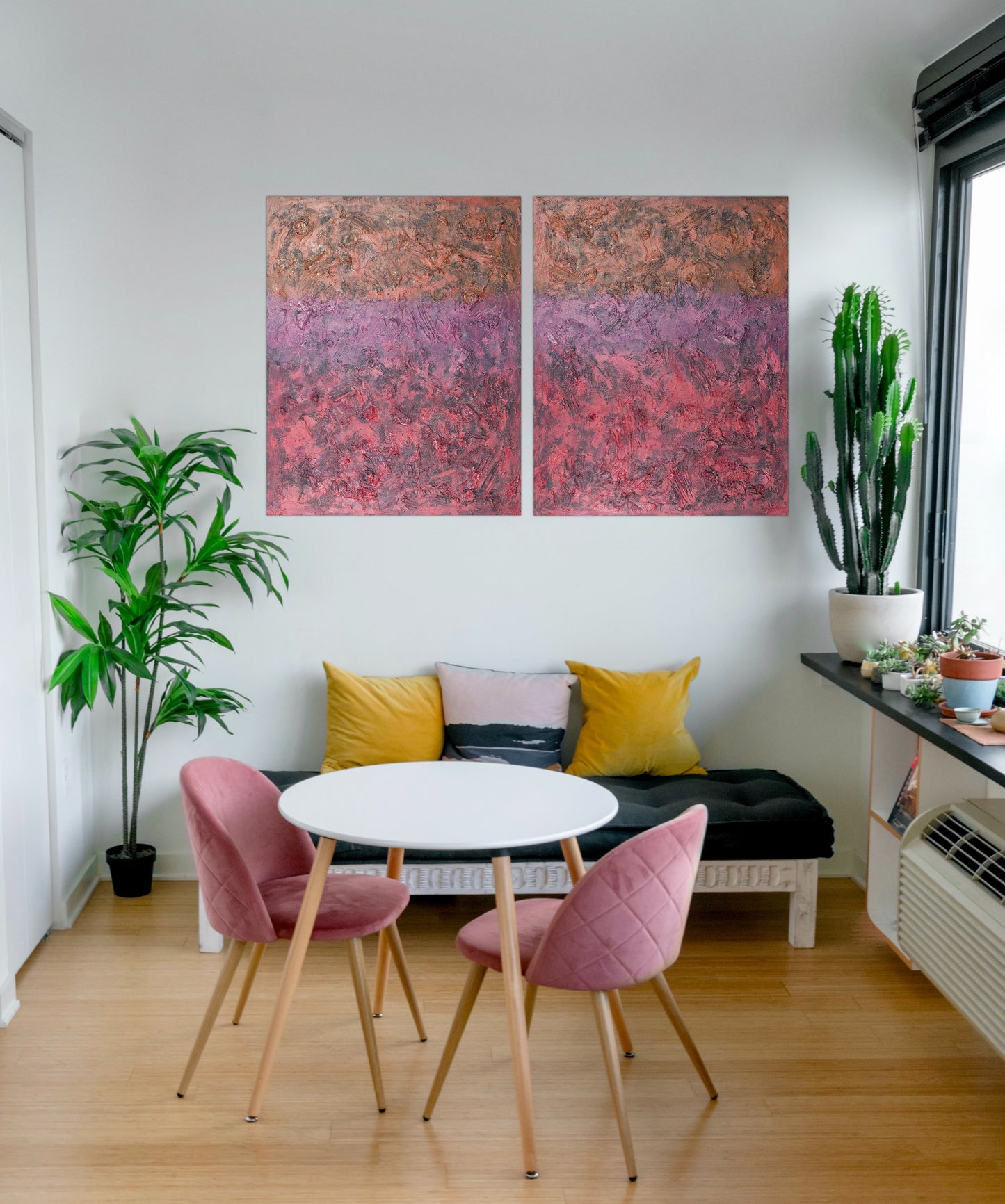 Galaxy of Dreams’ by Pamela Rys displayed in a modern living room, adding abstract elegance and pranic healing.